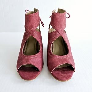 Journee faux suede ankle wedge sandals size 7.5 mauve pink open toe cutout vamp